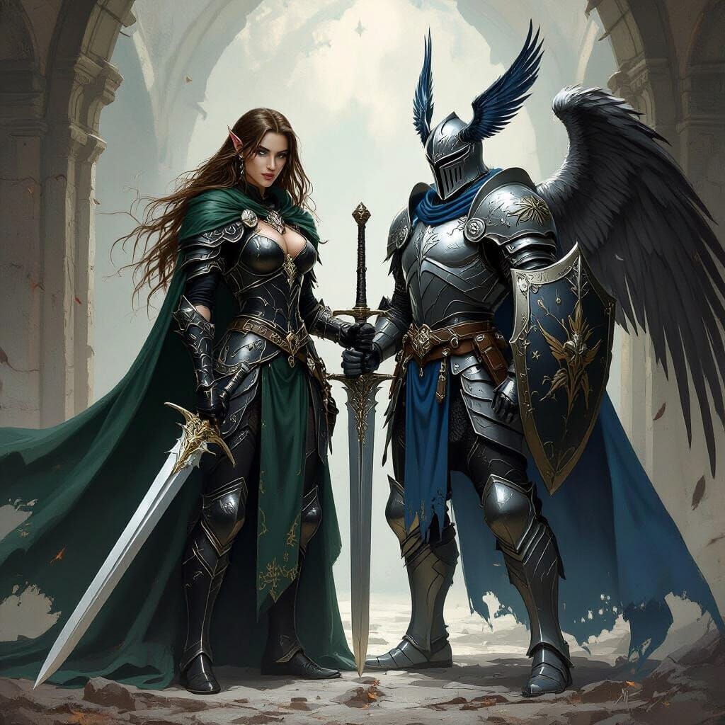 Moon Elf Paladin & Winged Knight in Gothic Battle