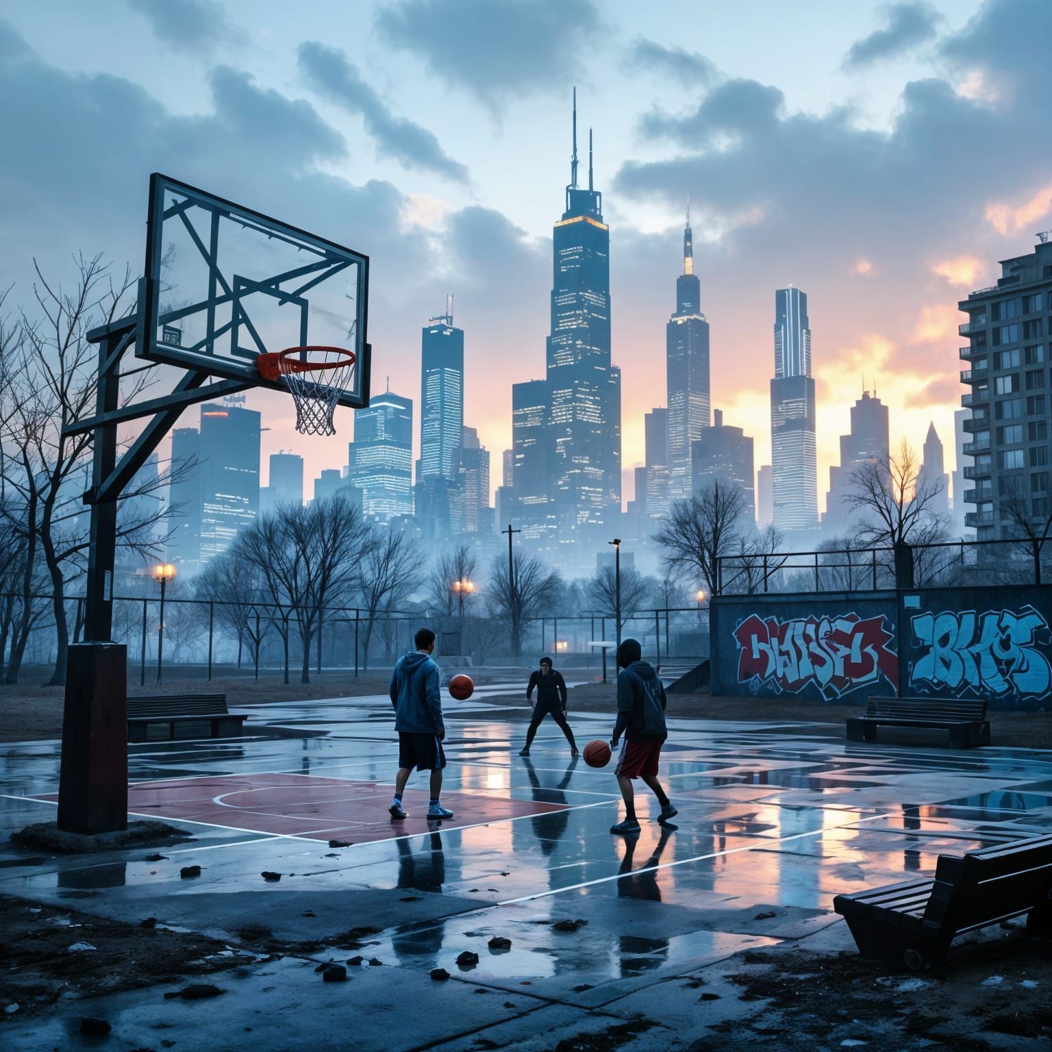 Dystopian Basketball Game in Futuristic Cityscape