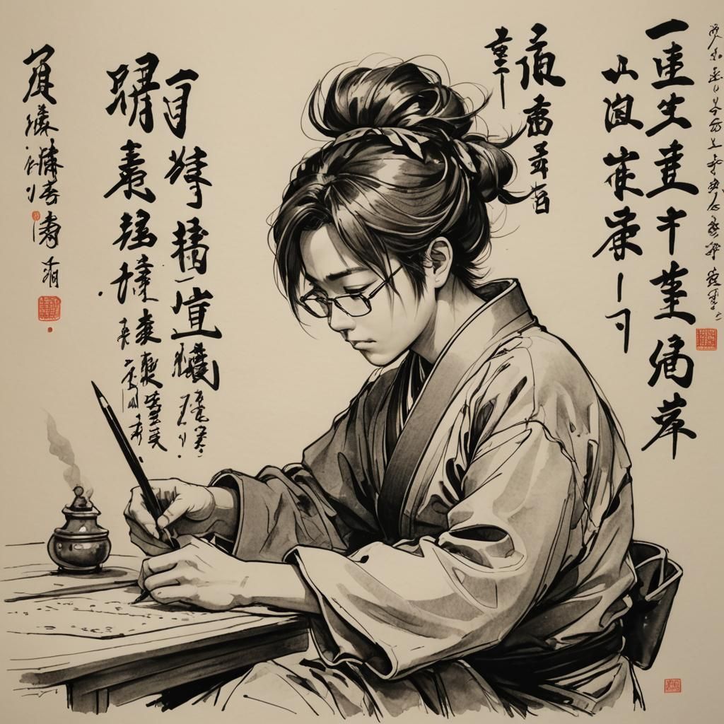 Japanese Scribe Drawing Ideograms with Brush