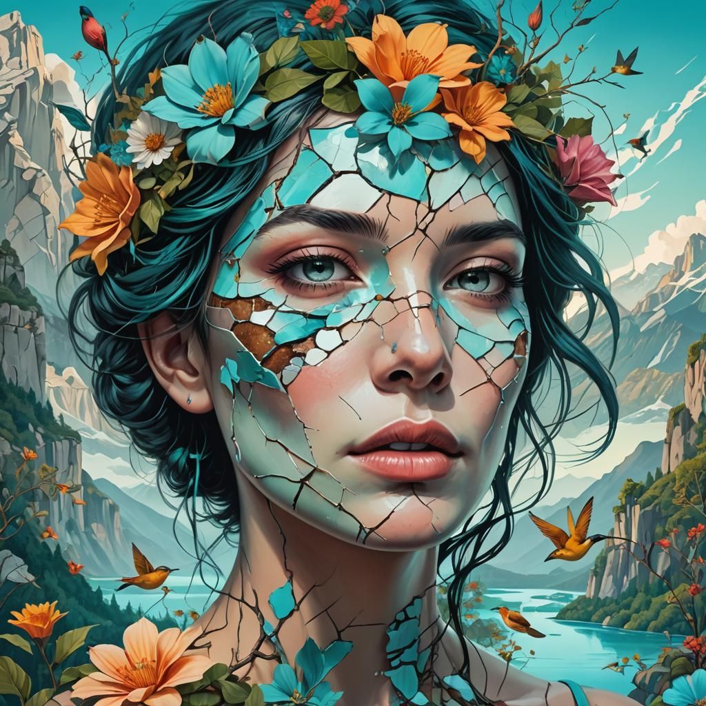 Cracked Face: Surreal Digital Art in Anime Style