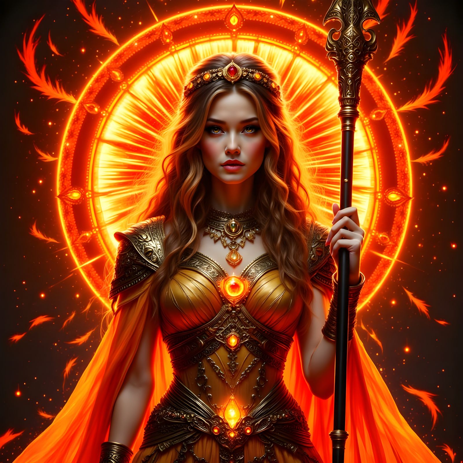 Norse Sun Goddess with Obsidian Staff on Backlit Glass