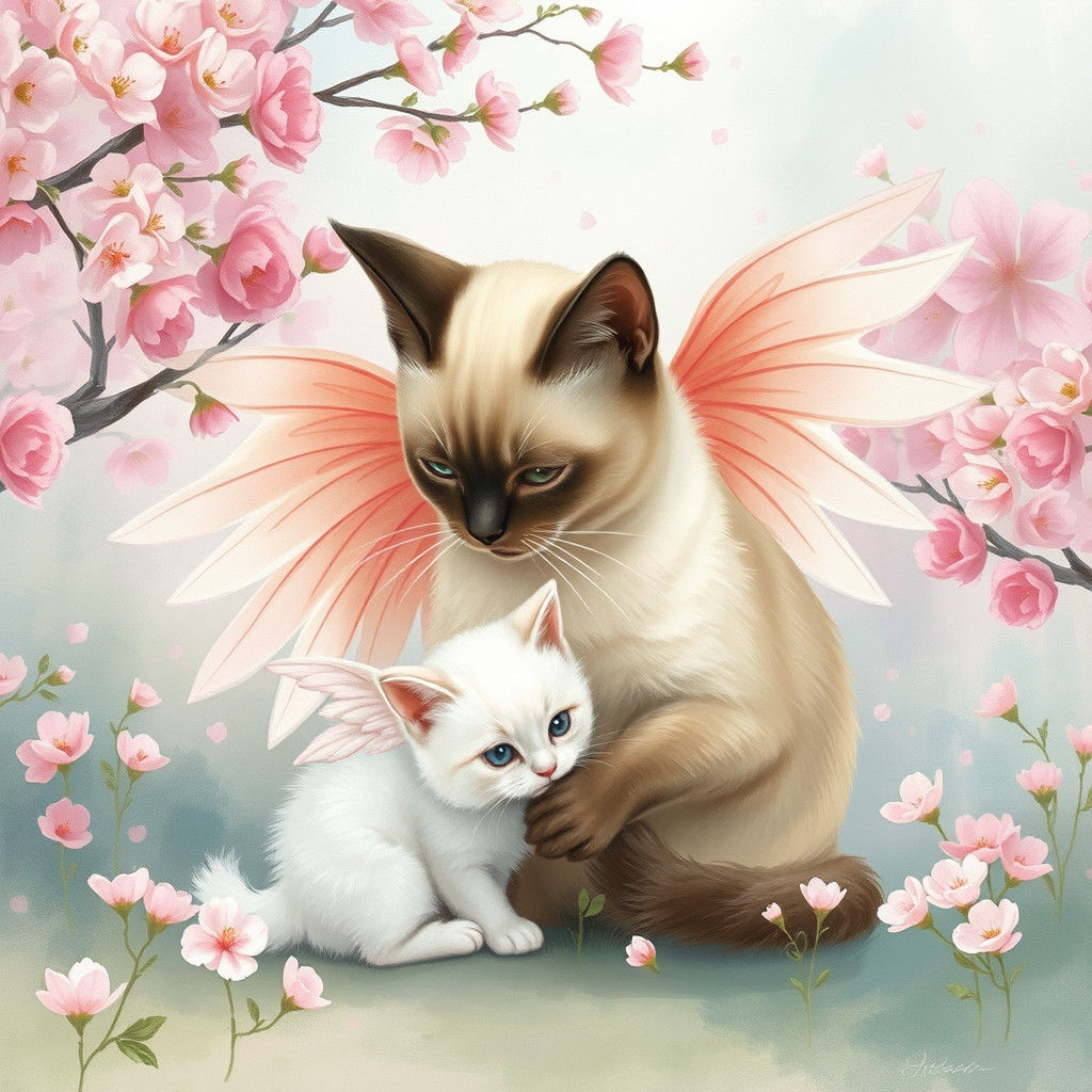 Angelic Cats Playing in Blossom Garden, Watercolor Style