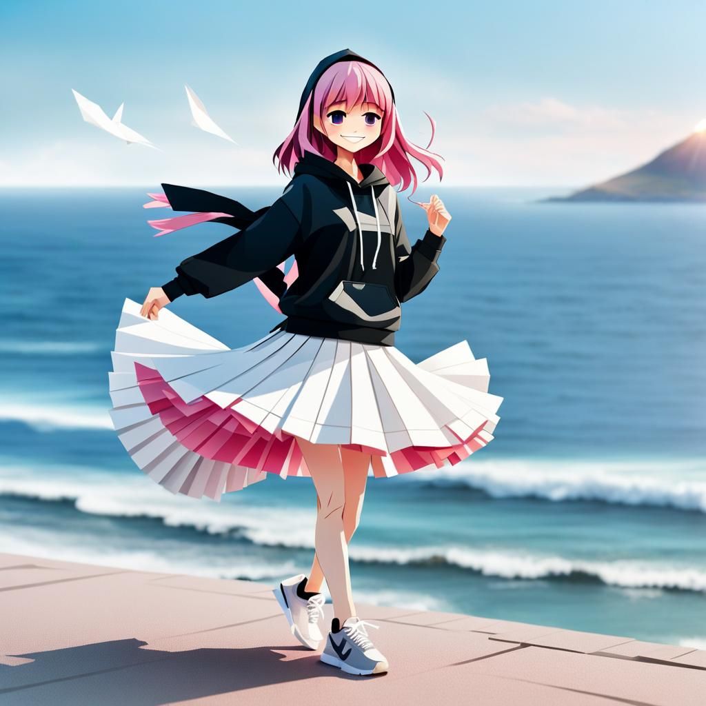 Girl with Pink Hair Near Ocean, Origami Papercraft
