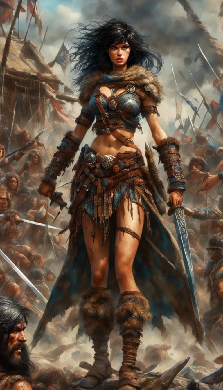 Exotic Barbarian Warrioress in Apocalyptic Landscape