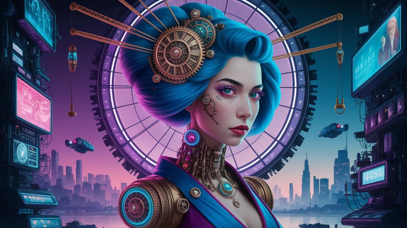 Cyberpunk Geisha Portrait in Art Deco Style