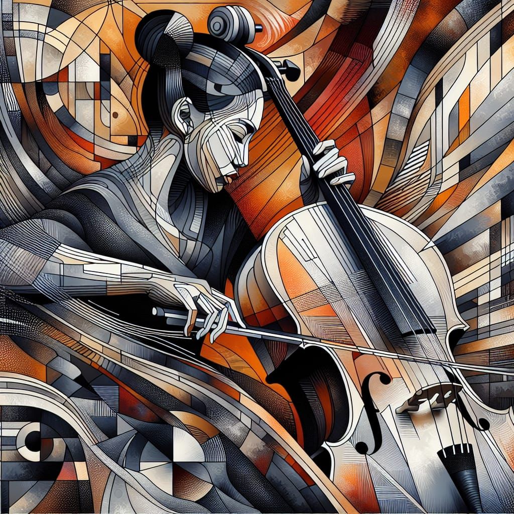 East-Asian Woman Playing Cello in Abstract Geometric Style