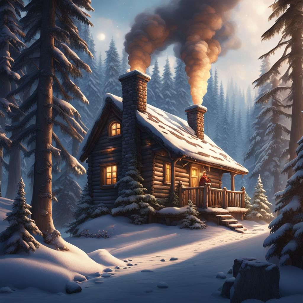 Cozy Winter Cabin in Snowy Forest
