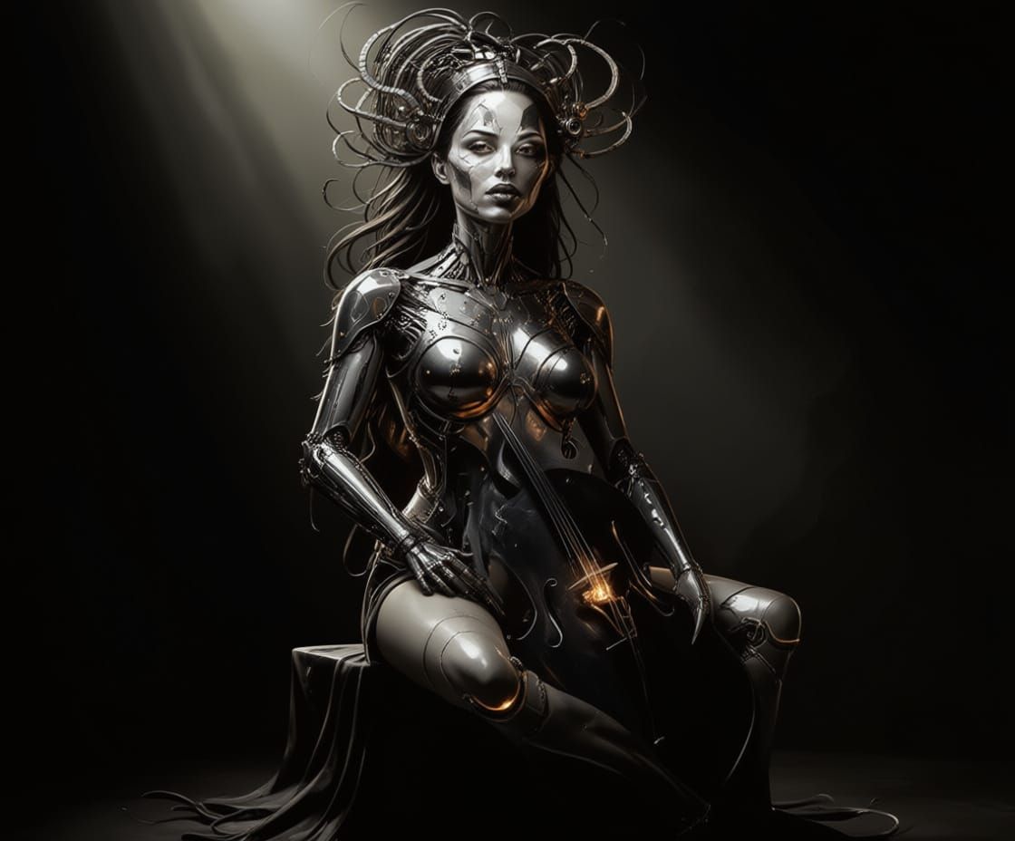 Biomechanical Cellist in Charcoal and Ink