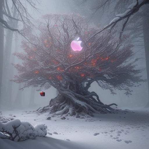 Enchanted Apple on Snowy Tree: Fantasy Concept Art