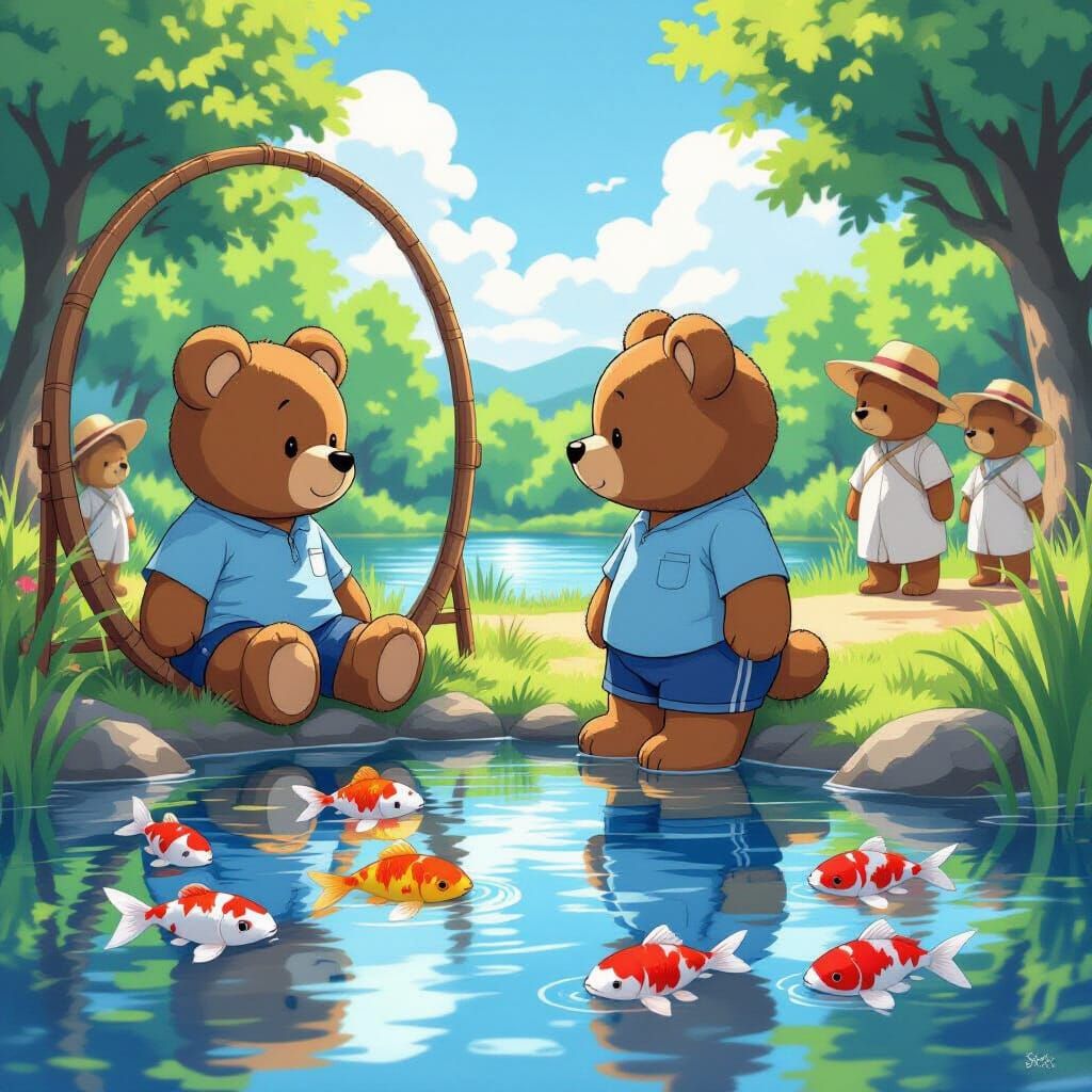 Teddy Bear's Lakeside Reflection: Cel-Shaded Anime Art