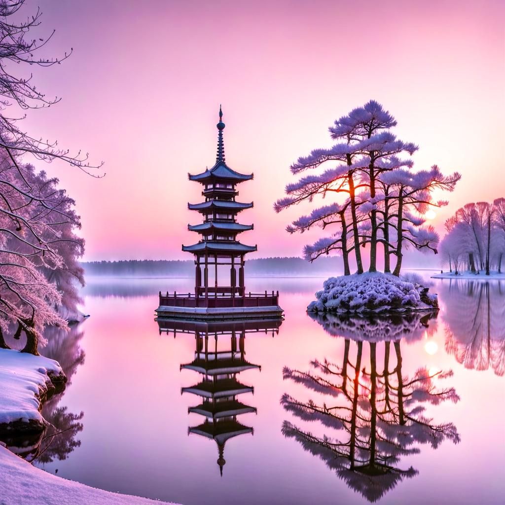 One Pillar Pagoda Reflected at Winter Dawn