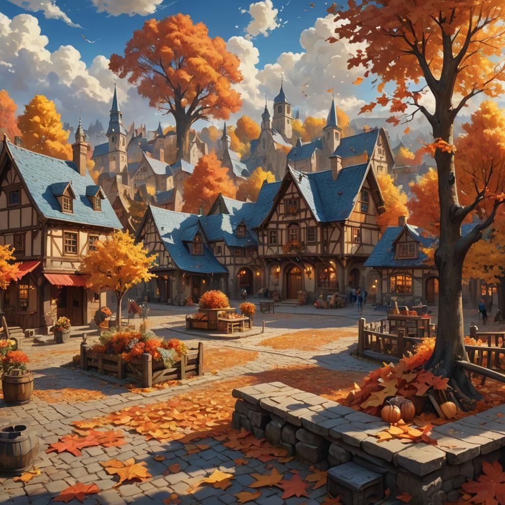 Charming Village Square with Autumn Decorations