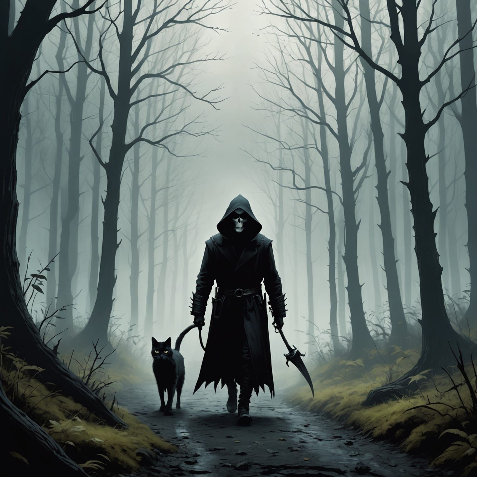 Reaper Walks with Cat in Tim Burton Style