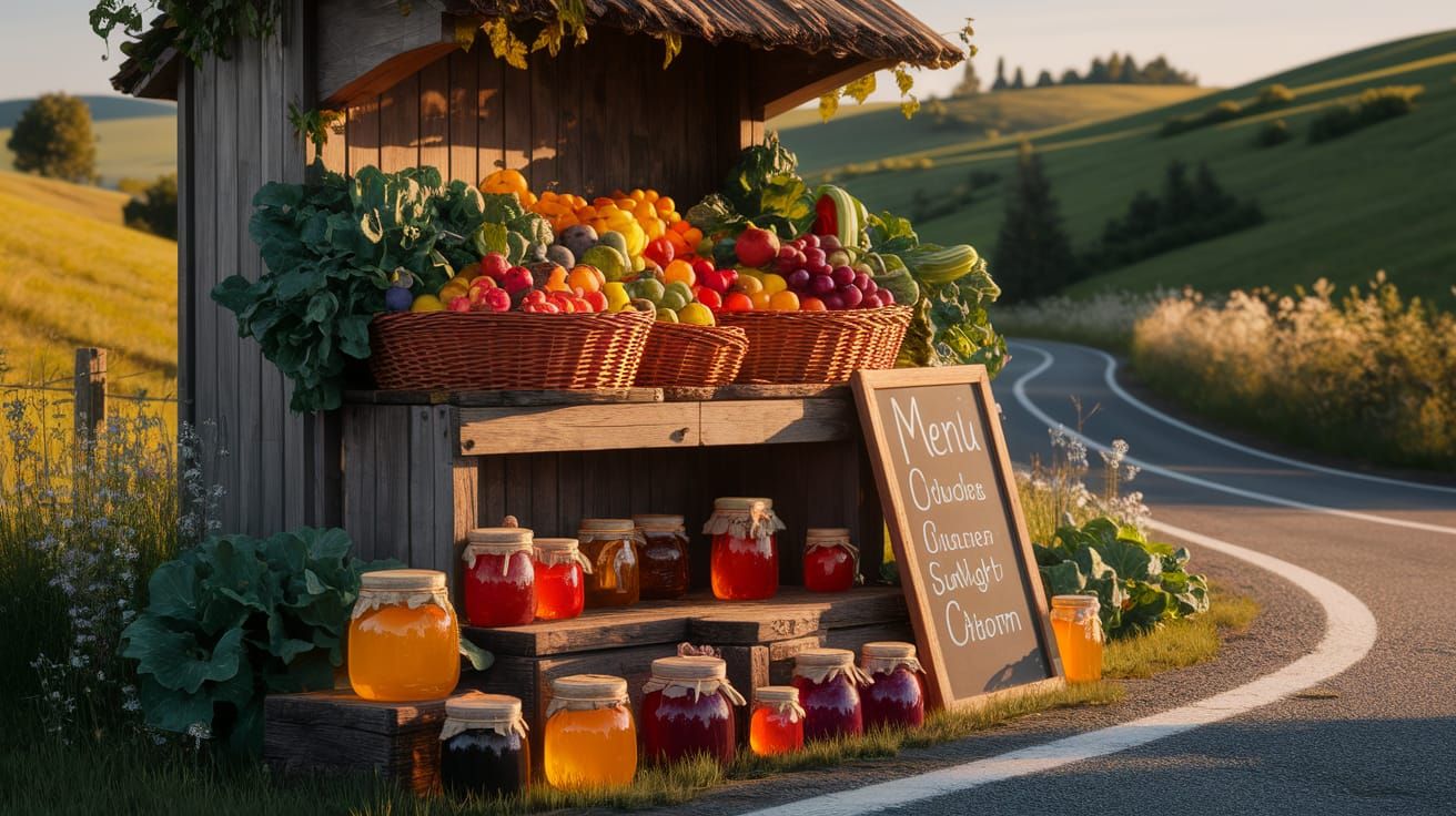 Rustic Fruit Stand in Golden Sunlight