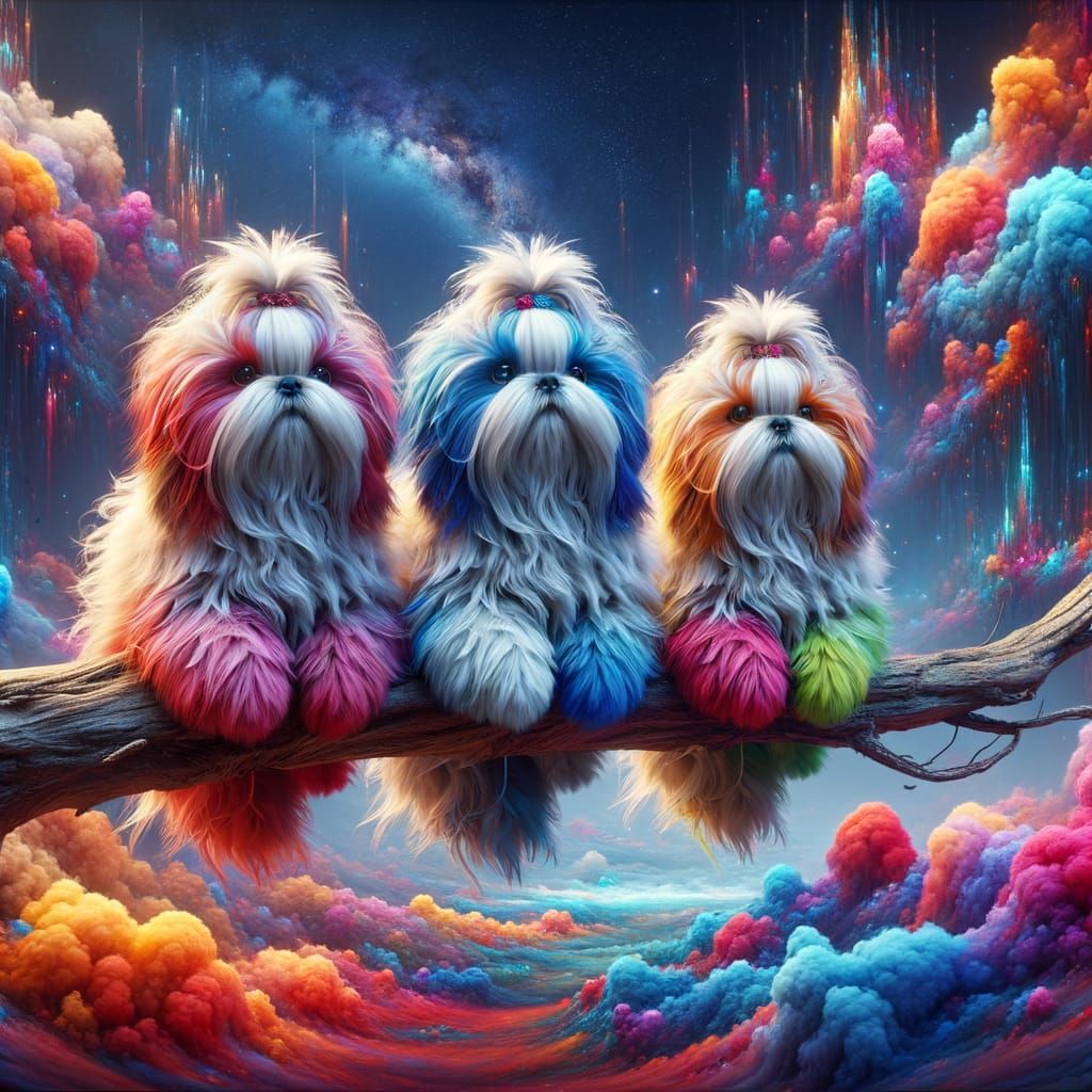 Three Fluffy Shih Tzus in Vibrant Colors on a Branch
