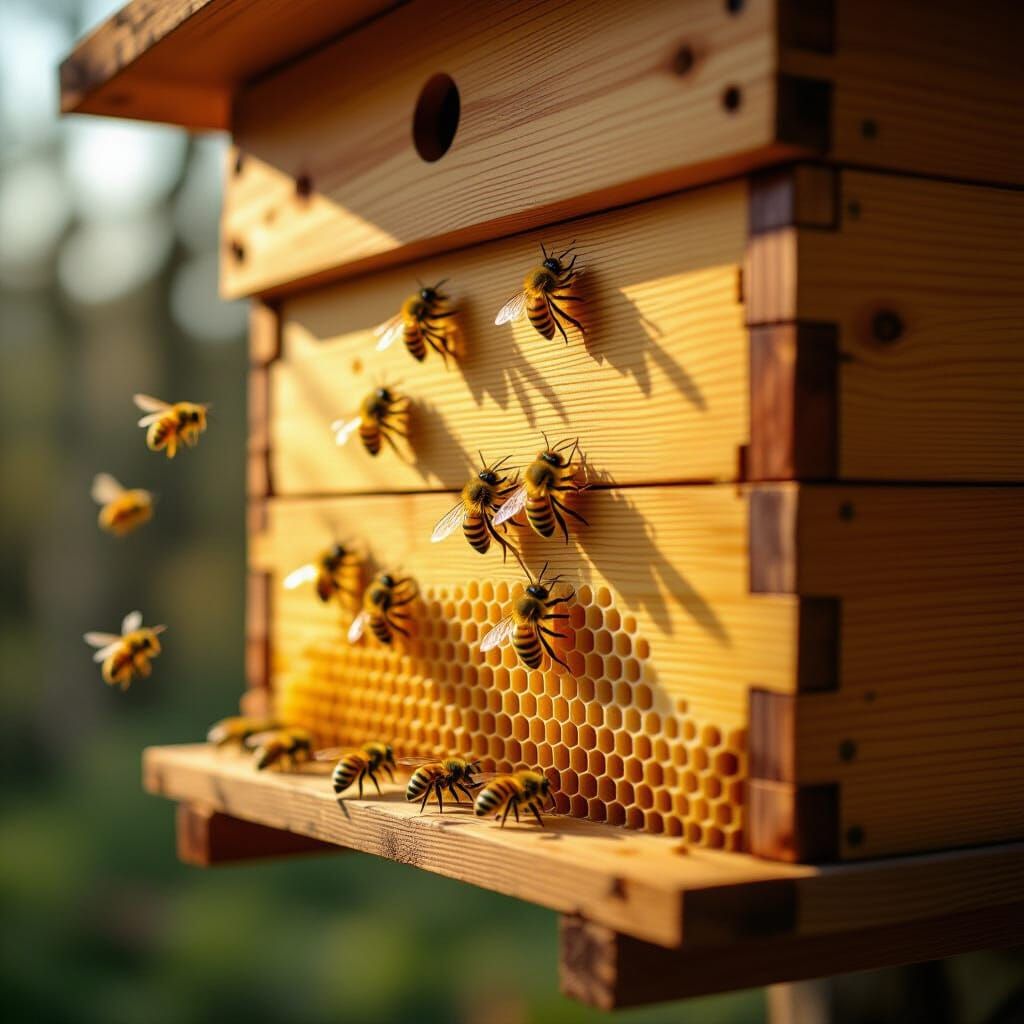 Honeycomb and Bees in Oak Beehive, Detailed Digital Art