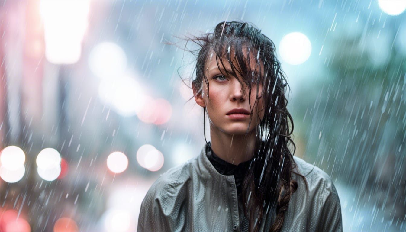 Girl in Heavy Rain with Resigned Expression