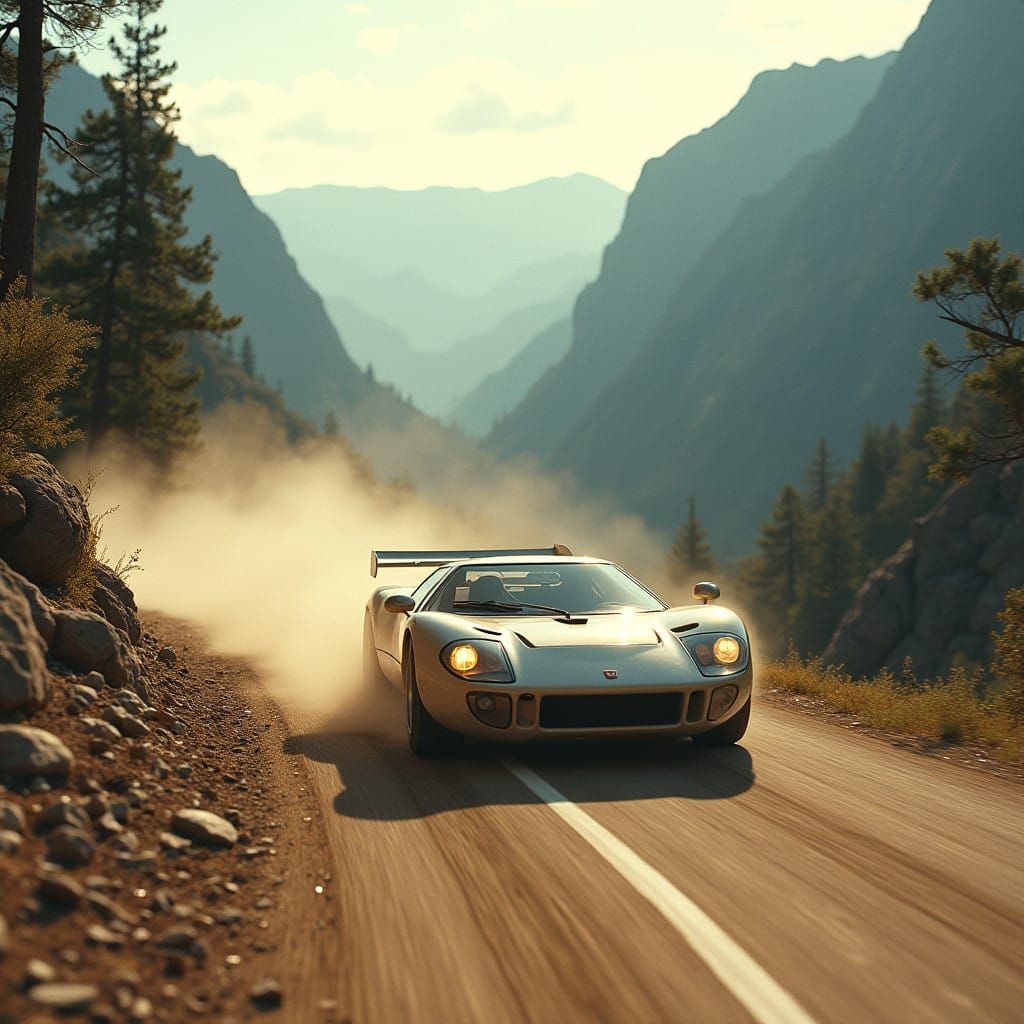Mountain Stage Car Rally in Cinematic Film Still Style