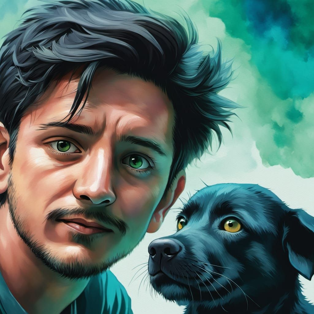 Happy Man and Dog in Studio Ghibli Anime Style