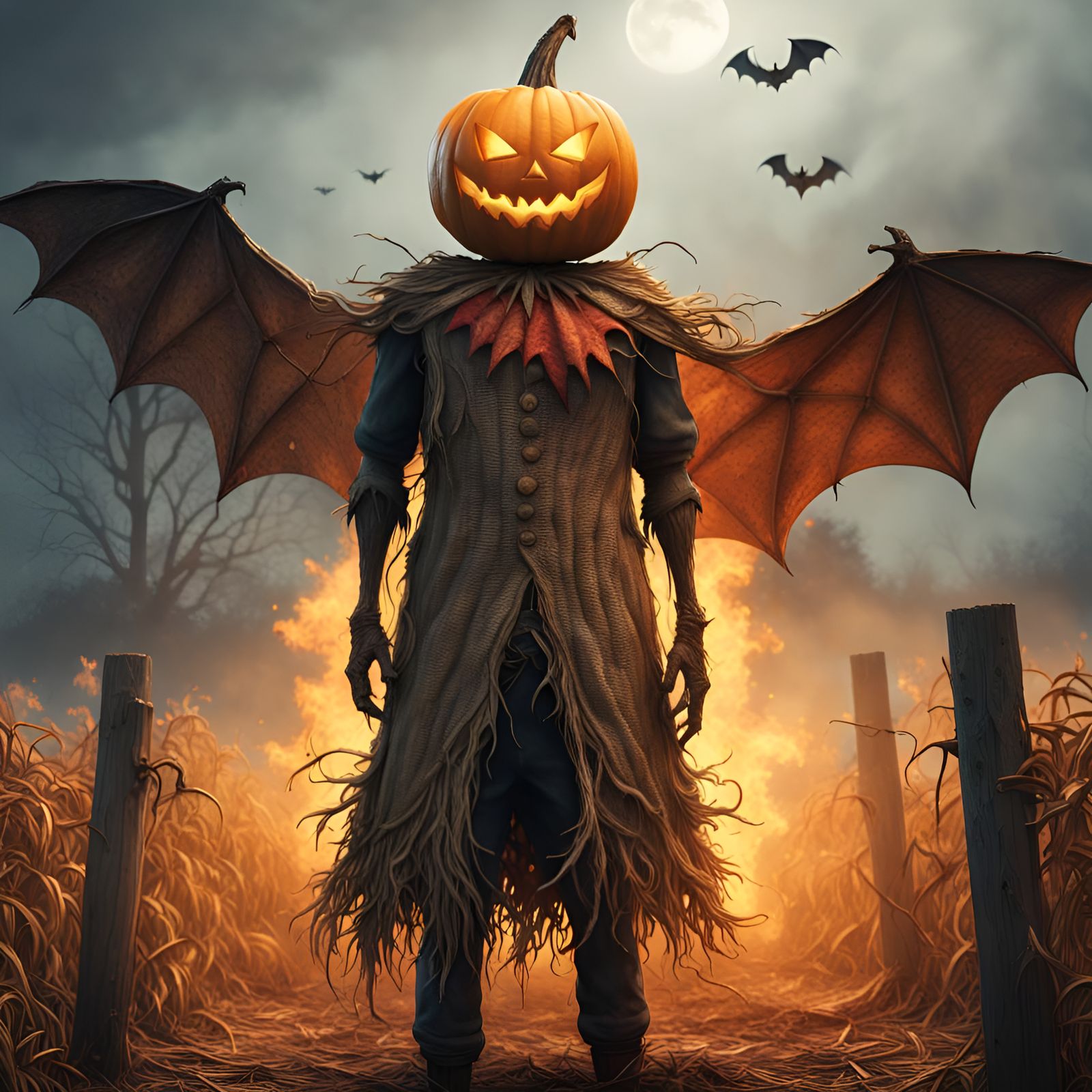 Creepy Pumpkin Scarecrow in Haunted Town: Digital Art