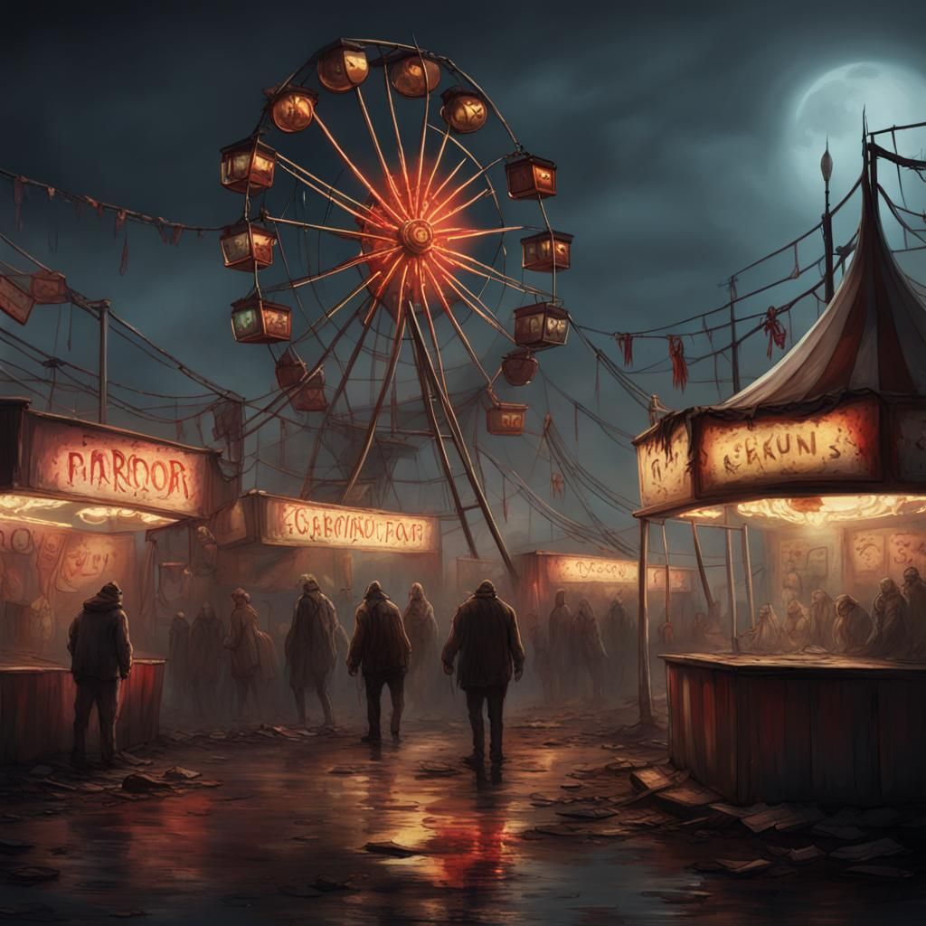 a rendered painting of a run down horror carnival, lots of detail, volumetric lighting, concept art, digital painting, t...