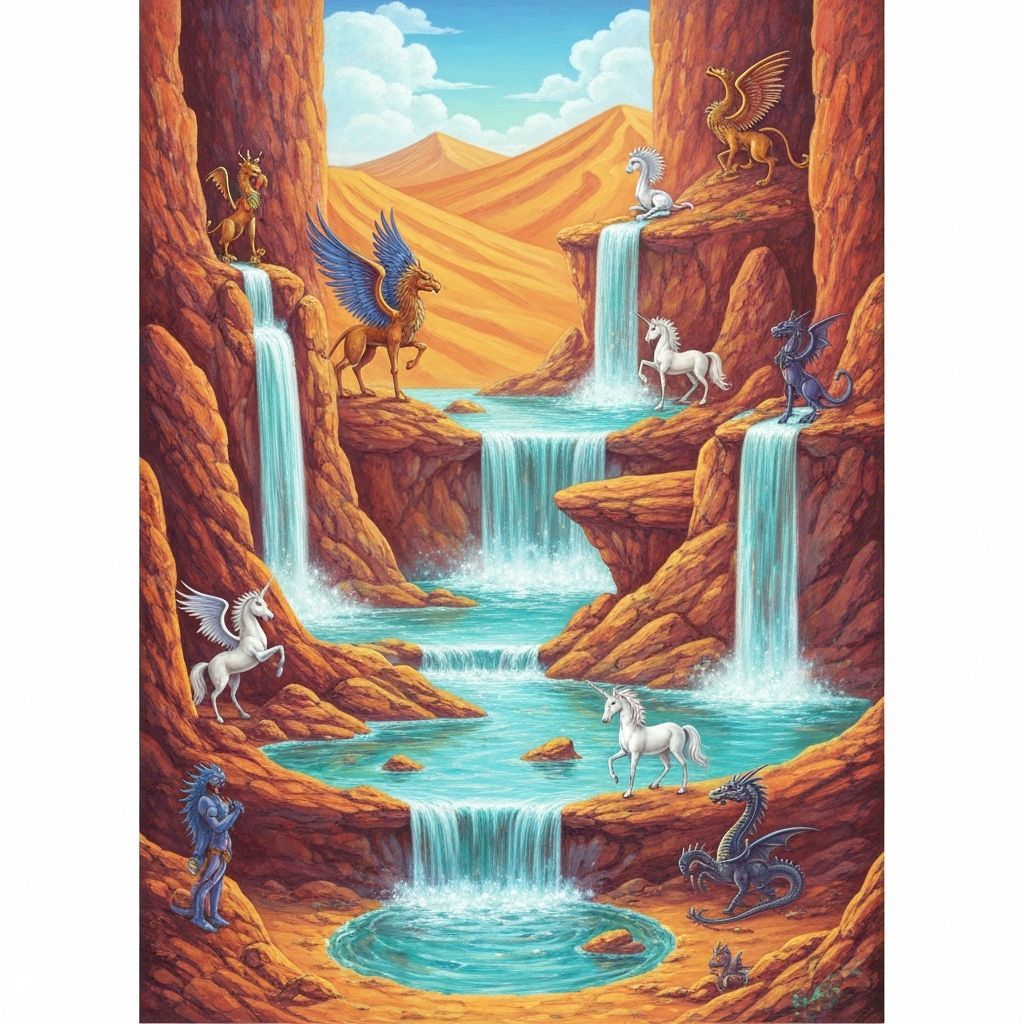 Mythical Oasis with Waterfalls in a Desert Landscape