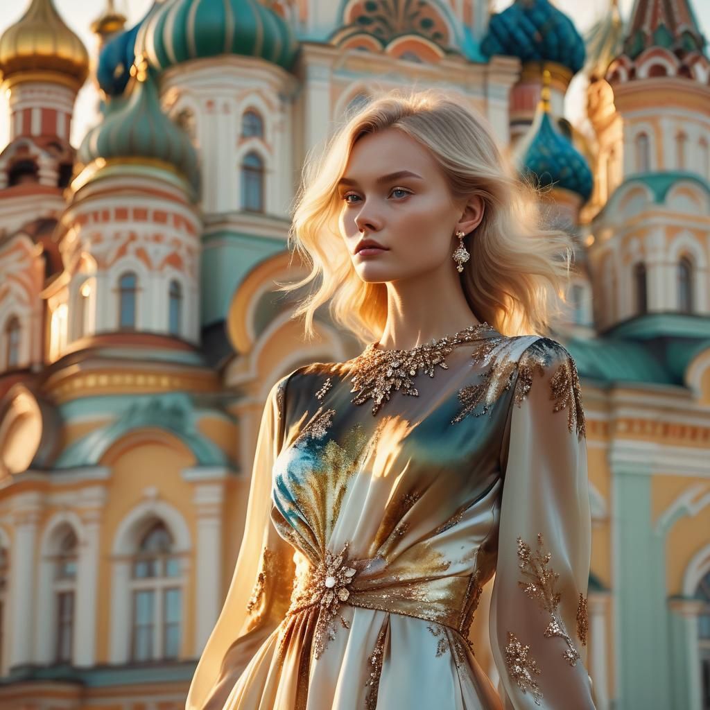 Fashion Model at Moscow Sunset in Impressionistic Style