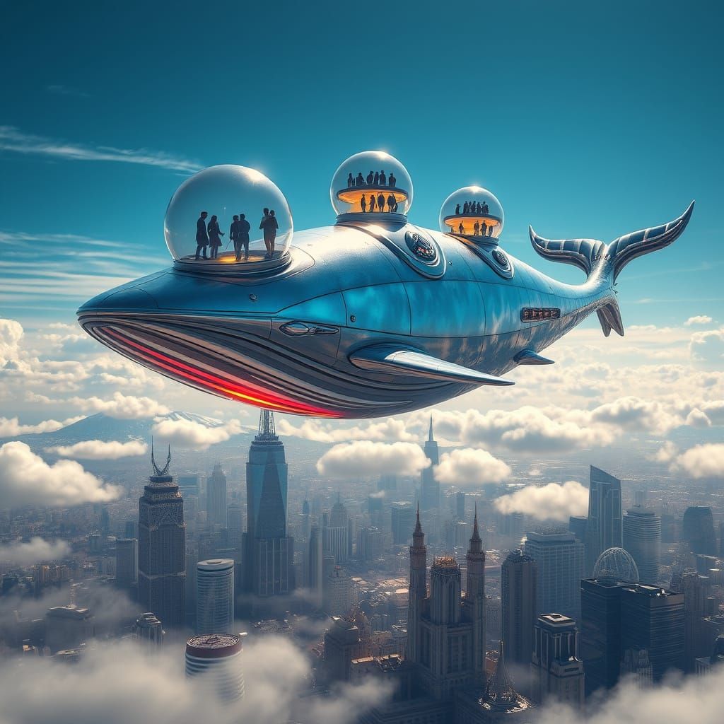 Cybernetic Sky Whale Soars Above Futuristic Metropolis