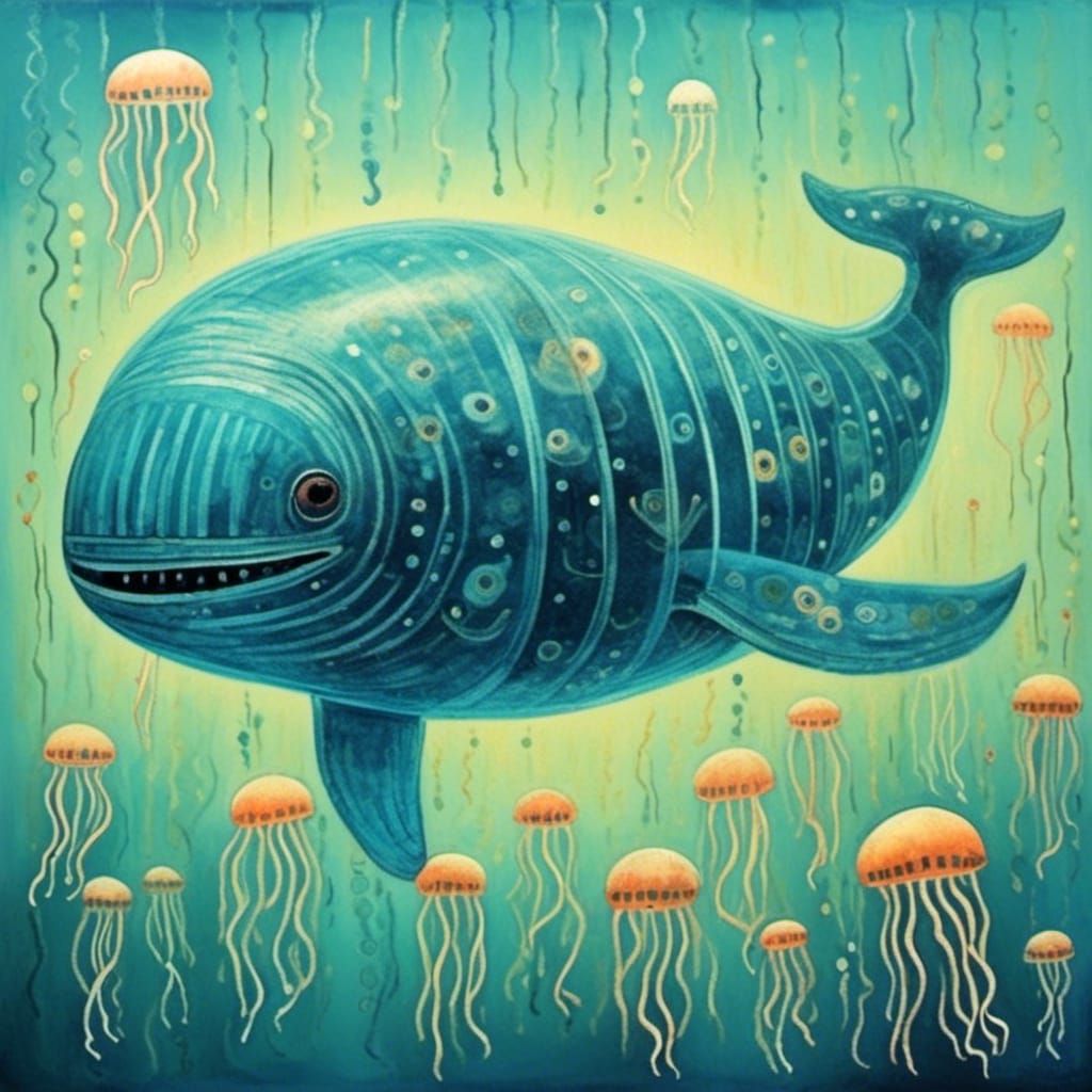 Glass Whale in Bioluminescent Ocean, Dubuffet Dolls Style