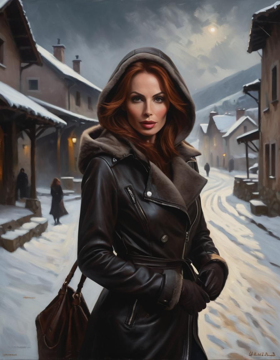 Chiaroscuro Portrait of Woman in Snowy Village