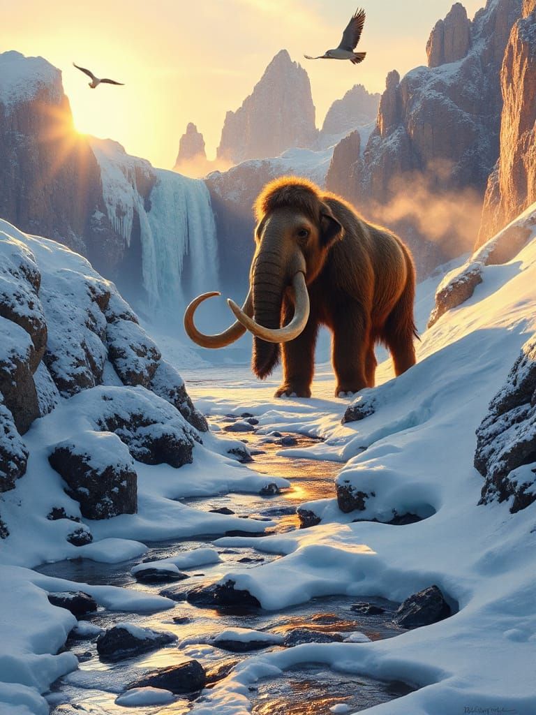 Majestic Woolly Mammoth in Prehistoric Ice Age Landscape, Oi...