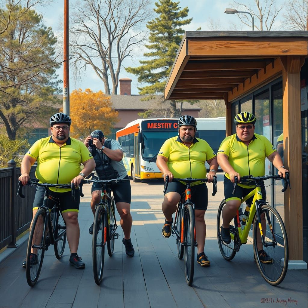 Overweight Cyclists at a Bus Stop: Photorealistic Oil Painti...