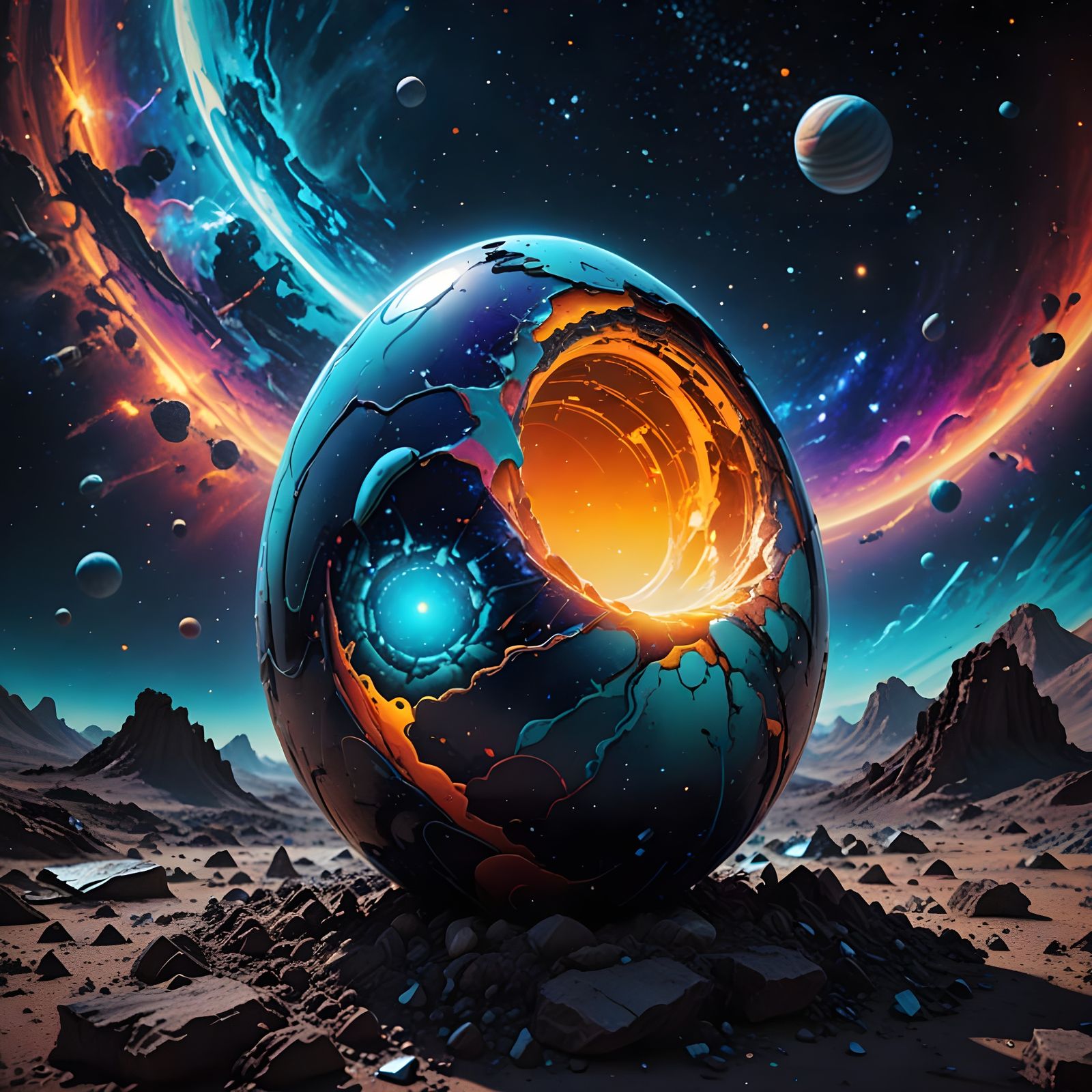 Egg in Cosmic Space with Glowing Cracks