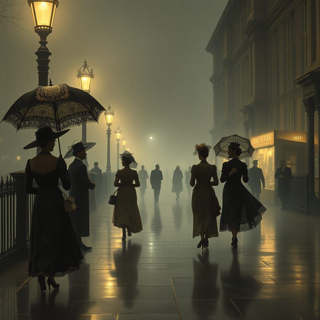 Victorian Night Scene in Muted Colors with Elegant Umbrellas