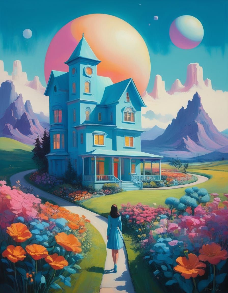 Surrealist Pop Art Landscape with Retro Futuristic Elements