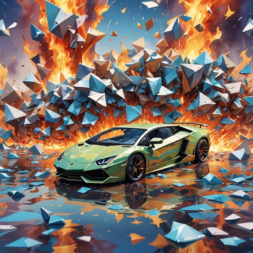 Lamborghini Origami Graffiti Art Melts in Watercolor Style