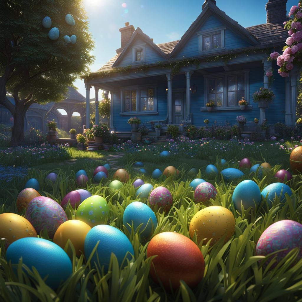 Easter Egg Hunt in a Backyard: Fantasy Concept Art