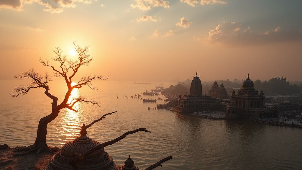 Mystical River Confluence at Sunrise in Classic Indian Style