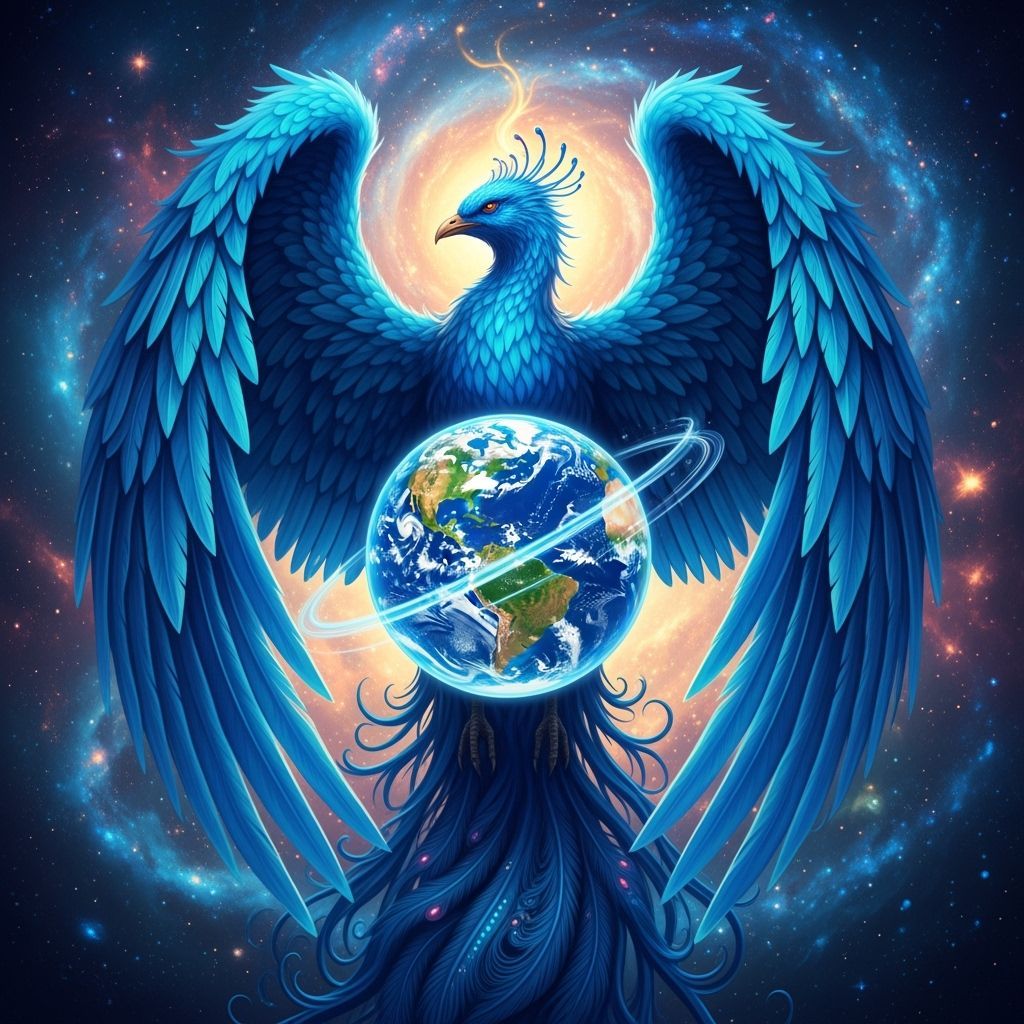Blue Phoenix Envelops the World: Surreal Image