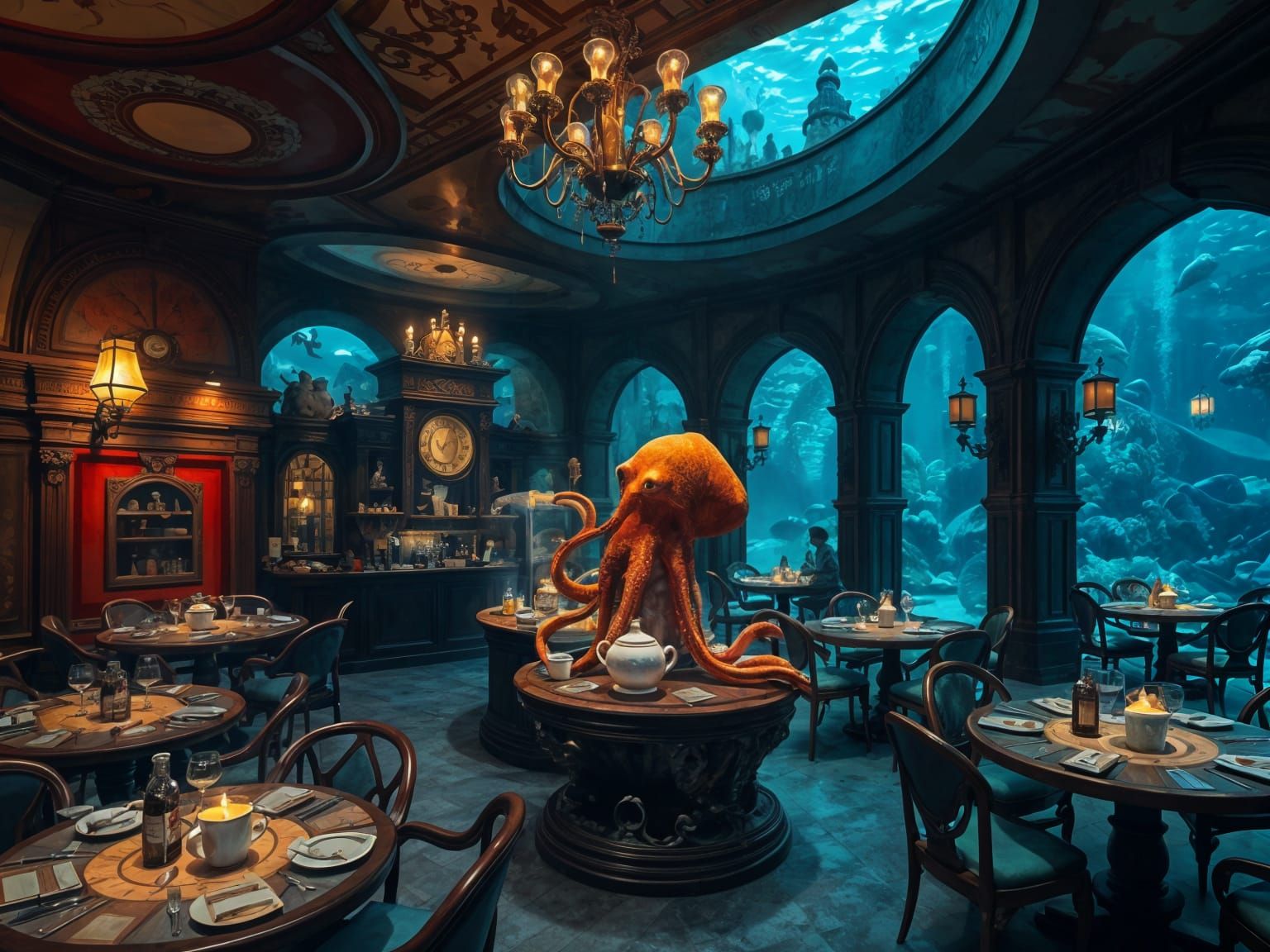 Enchanted Underwater Vienna Coffeehouse with Octopus Pet