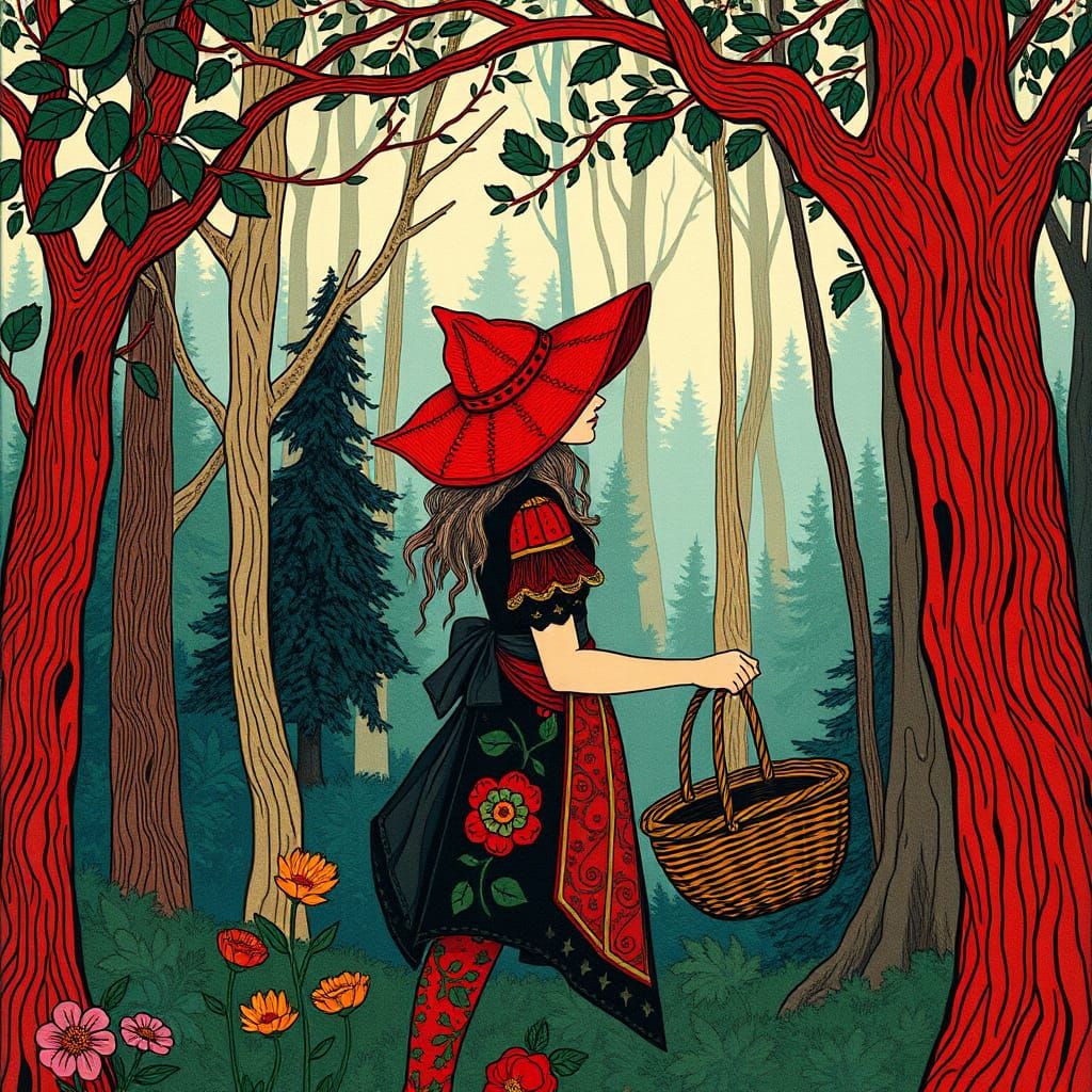 Woman in Red Hat, Alphonse Mucha Art Nouveau Style