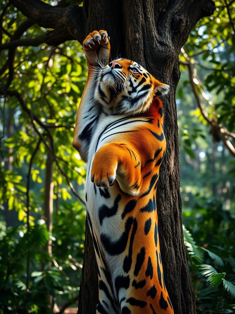Majestic Bengal Tiger Rises on Hind Legs in Jungle Environme...