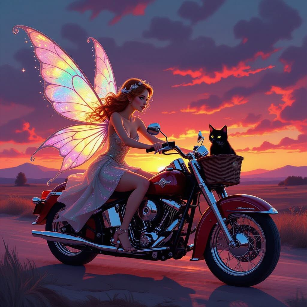 Fairy Rides Motorcycle Through Twilight Landscape