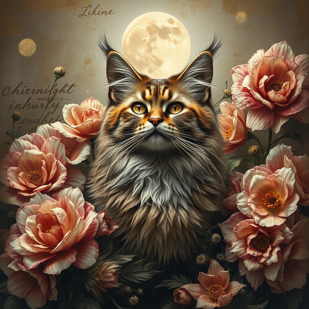Regal Moonlit Cat Amidst Textured Floral Mixed Media Artwork