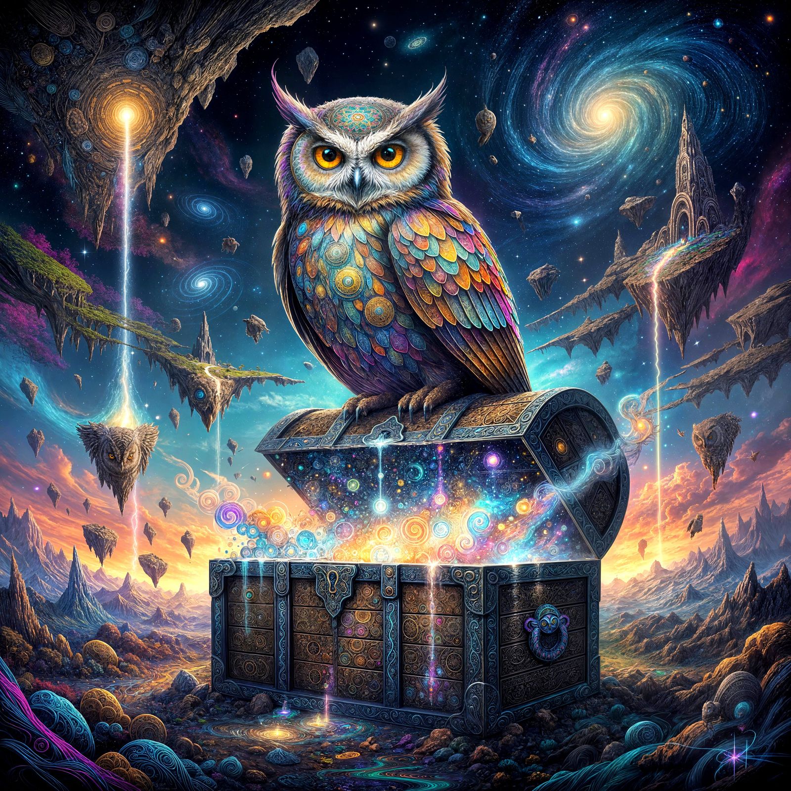 Psychedelic Owl Perched on Starlight Treasure