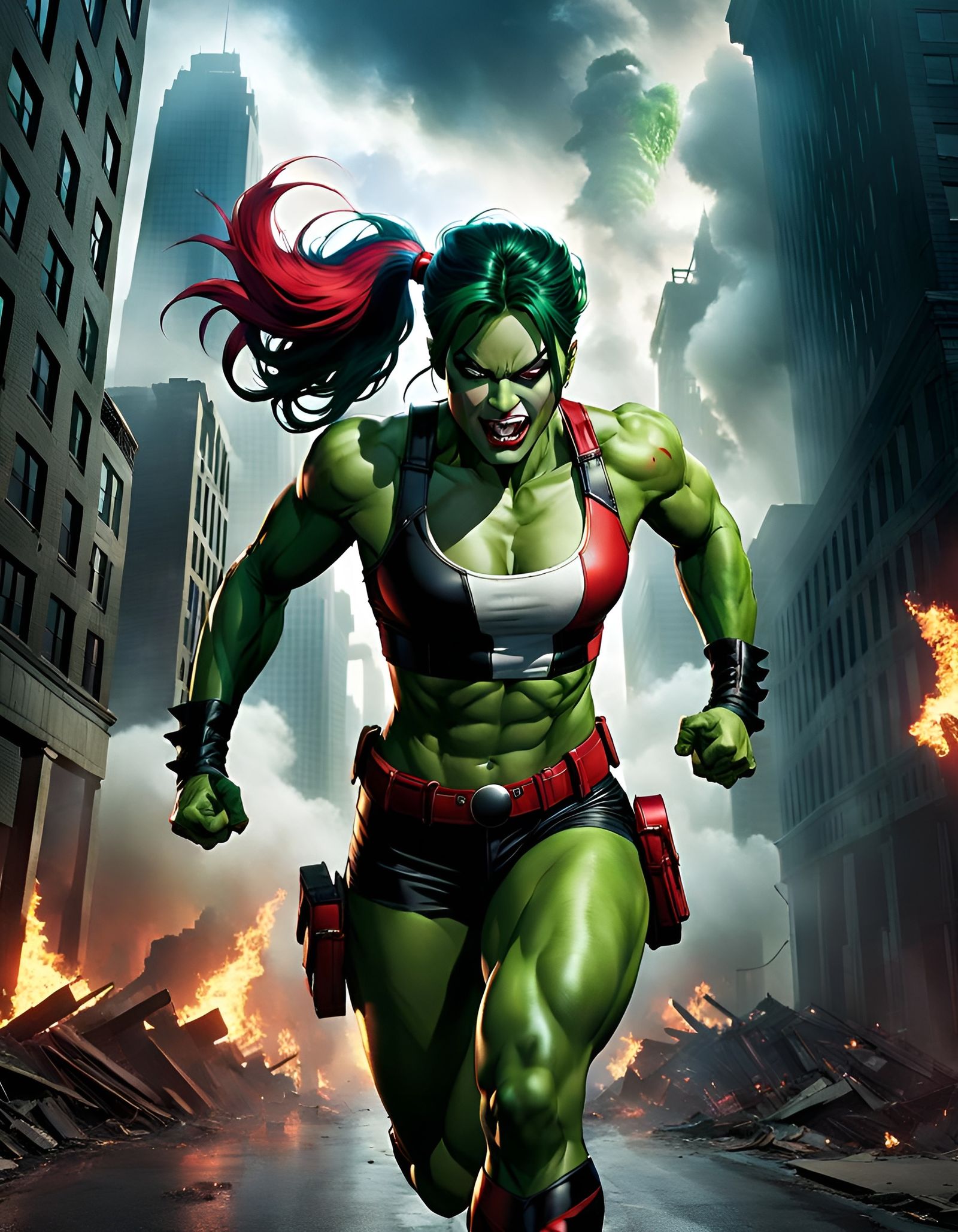 She-Hulk as Harley Quinn in Burning Cityscape