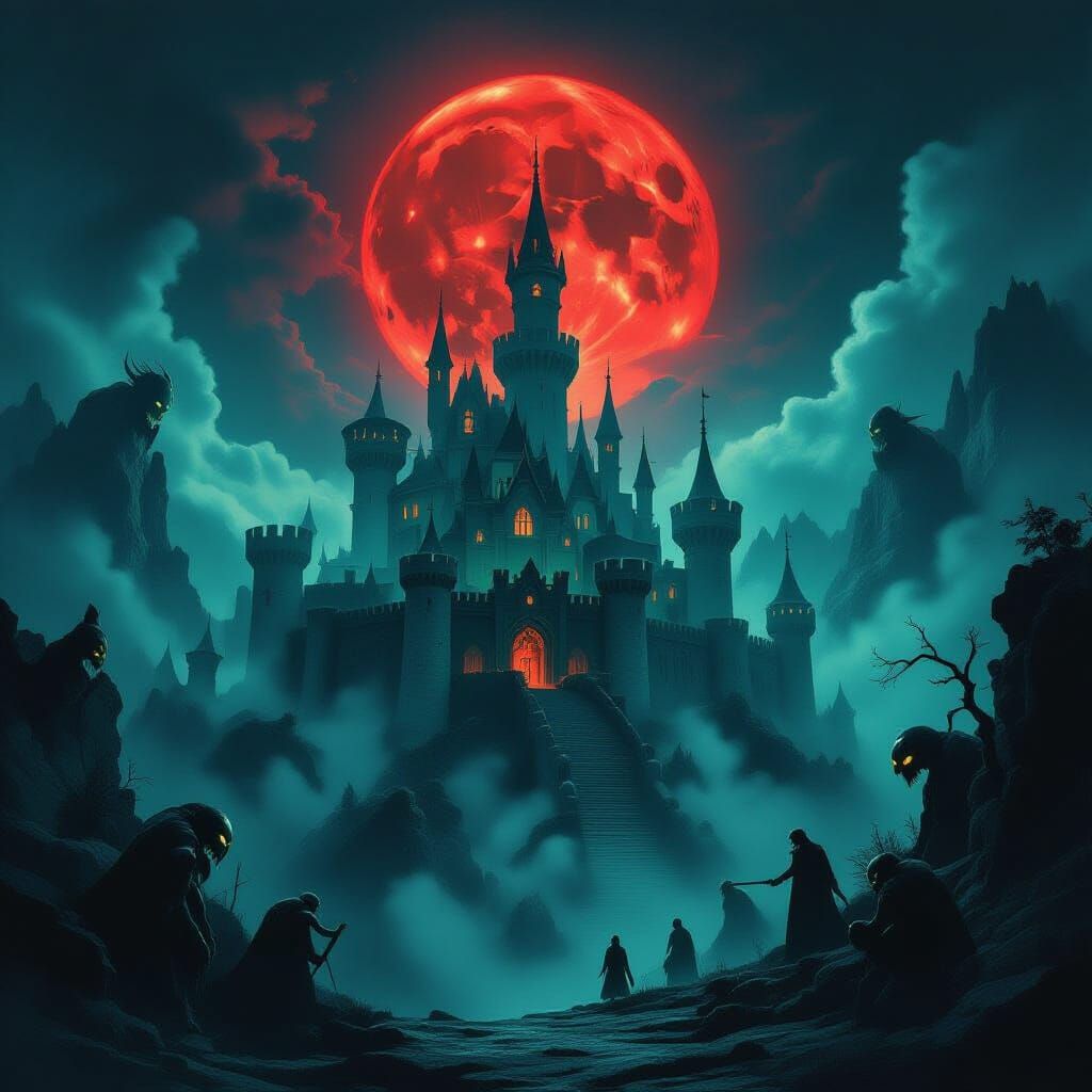 Ancient Castle Beset by Demons Under Blood Moon
