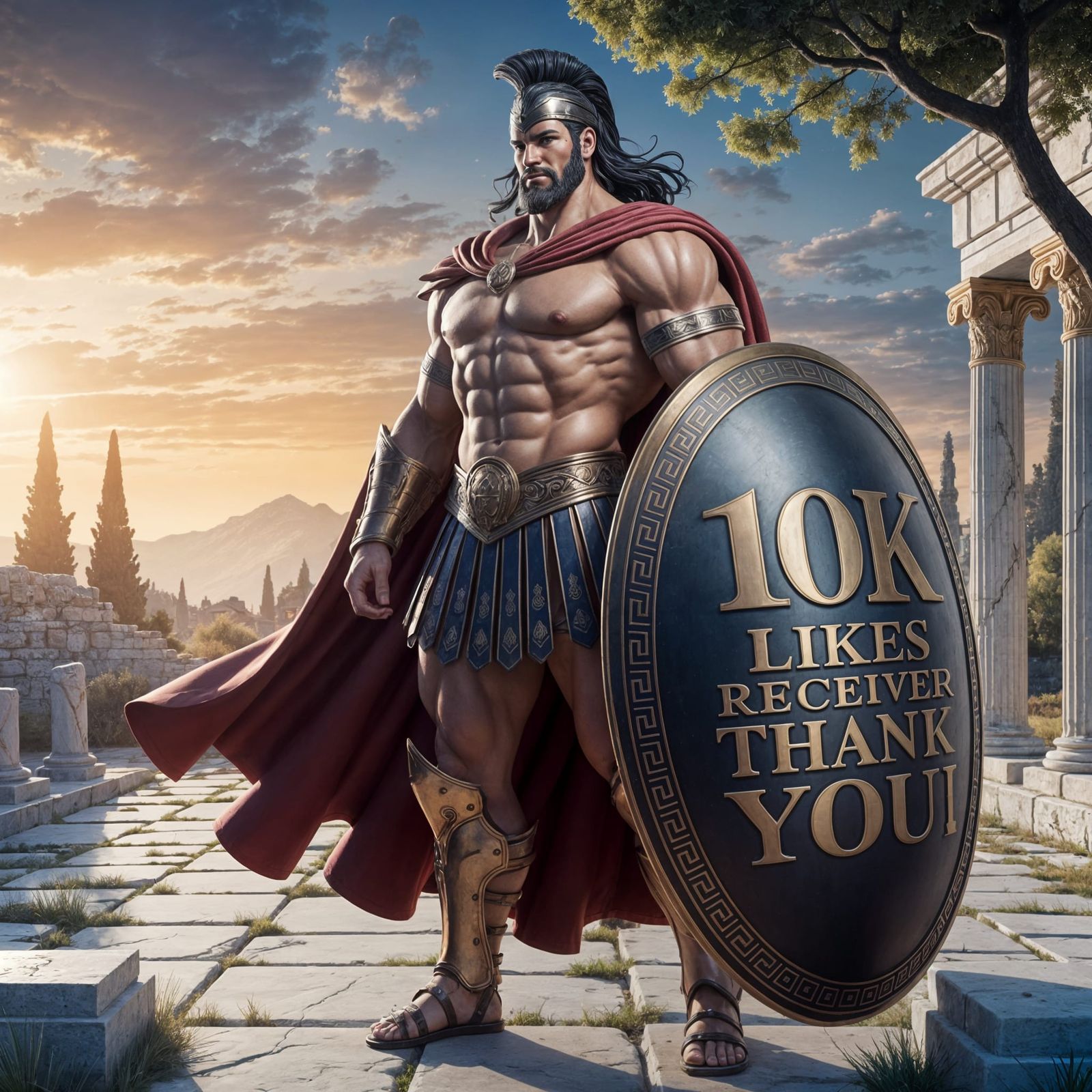 Heroic Greek Warrior in Ancient Sunset Landscape