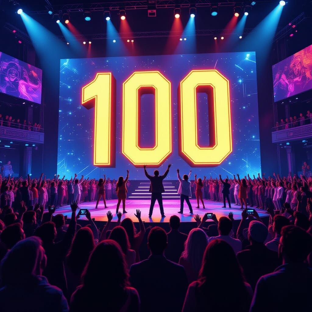Futuristic Stage with Neon '100' Backdrop