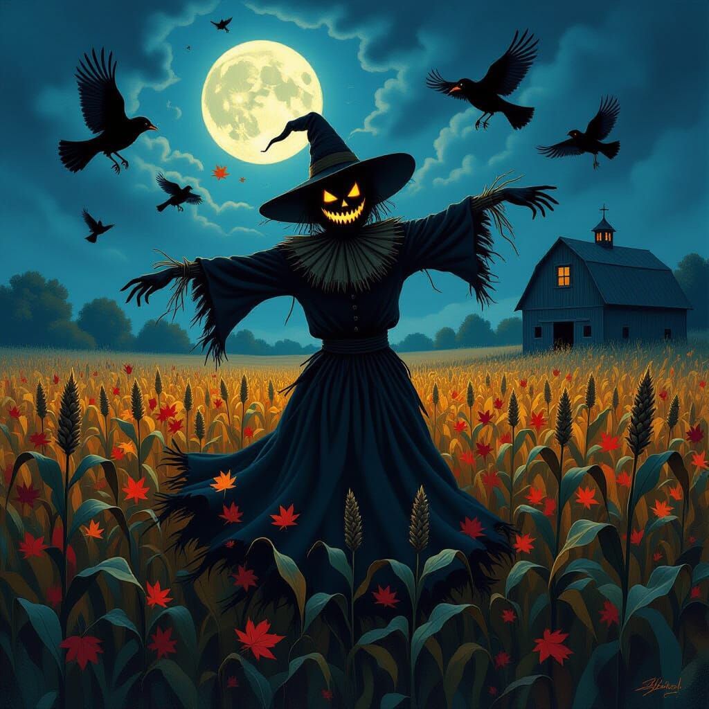 Haunted Scarecrow's Midnight Waltz in Moonlit Cornfield